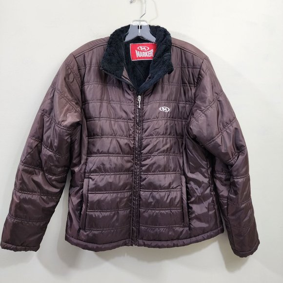 Marker brown puffy coat with faux fur lining woman's size extra large w/scarf - Picture 1 of 12